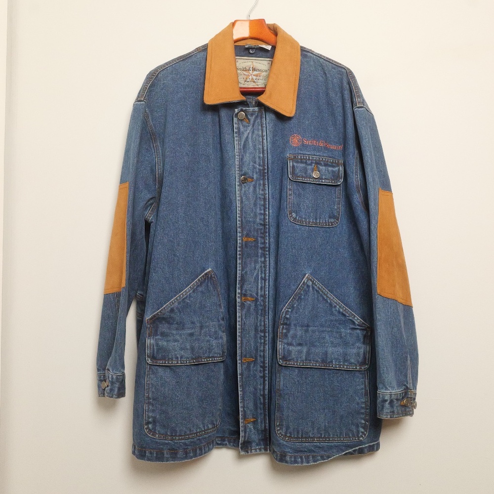 VTG Smith & Wesson Men's Large Denim Leather Elbow Patch Hunting Shooting Jacket